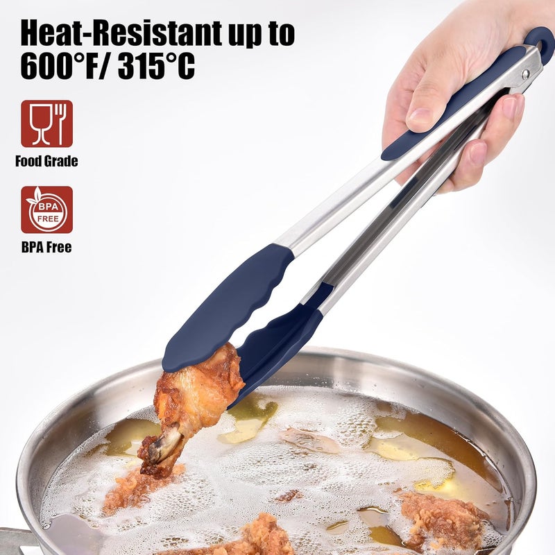 Doosu Kitchen Tongs for Cooking - 600°F Heat Resistant Food Tong Set with Non-Scratch Silicone Tips, Heavy Duty Stainless Steel Locking Tong for BBQ, Grilling Steak, Serving (7+9+12in, Navy Blue) - Image 3